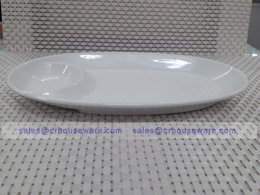 จานวงรี มีช่องน้ำจิ้ม 11 นิ้ว นิ้ว 017-PX-A3828,ถาดเมลามีนมีหลุมใส่ของว่าง,ถาดเมลามีนมีหลุมใส่แก้วกาแฟทรงซ้อนได้เพิ่ม