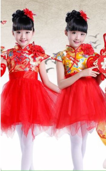 ชุดจีน กี่เพ้า สีแดงกระโปรงฟู