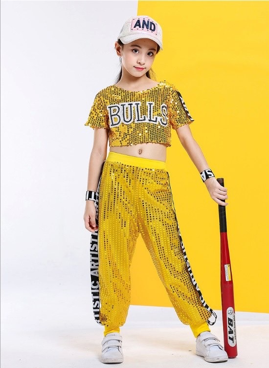 ชุดเต้น ฮิปฮอปเสื้อแขนสั้น ปักเลื่อม ขายาว