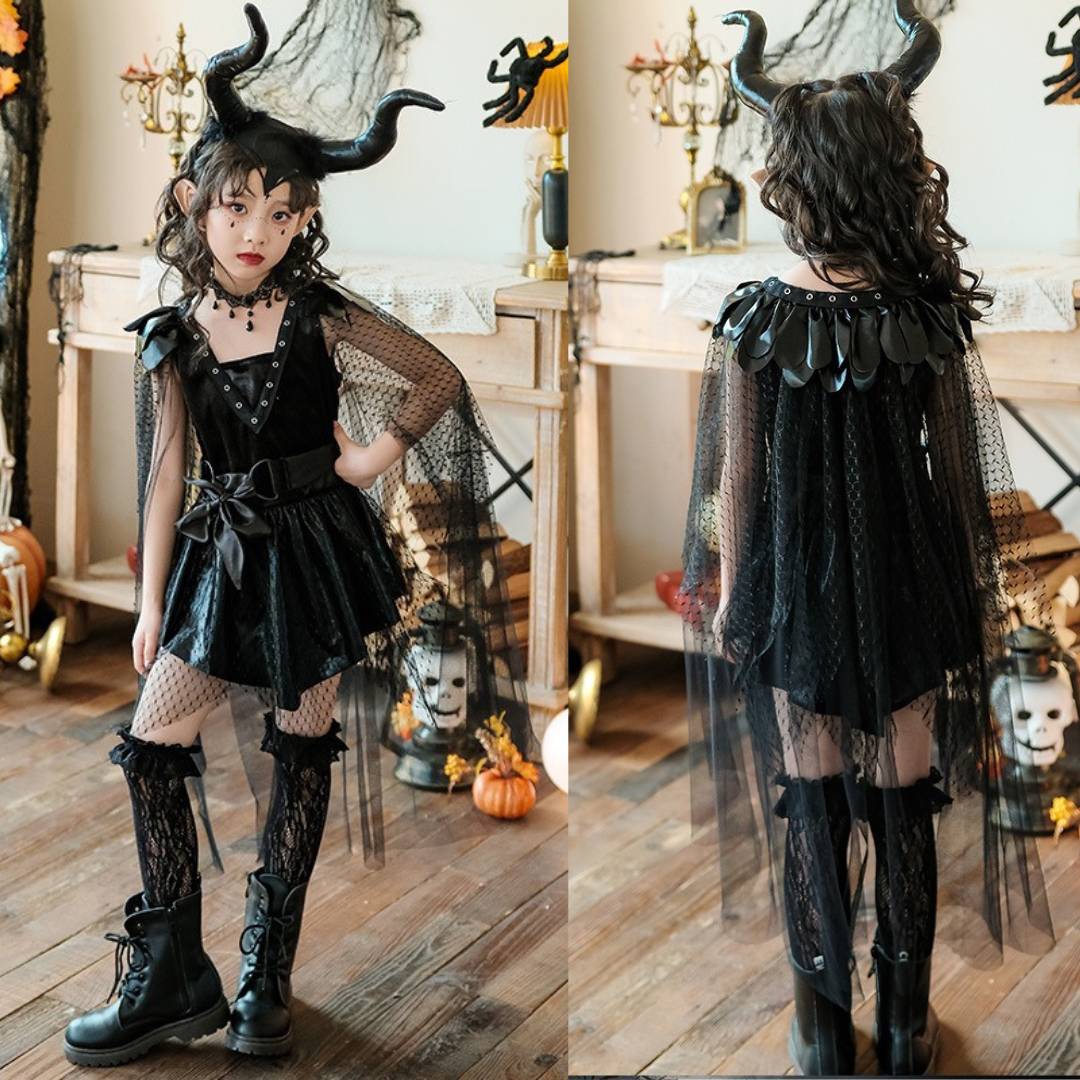 friendly4kid พร้อมส่ง ชุดฮาโลวีน ชุดเดรสหนัง แม่มด ปีศาจ สีดำ