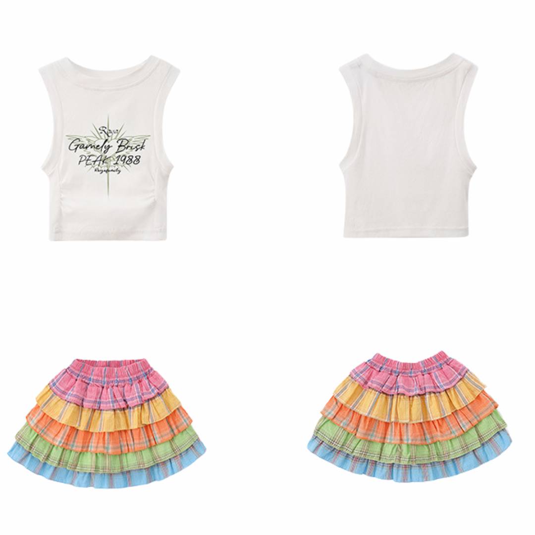 สินค้าพร้อมส่ง ***ชุดเต้น แขนกุดสีขาว+ปลอกแชย+กระโปรงระบายชั้นสีรุ้ง