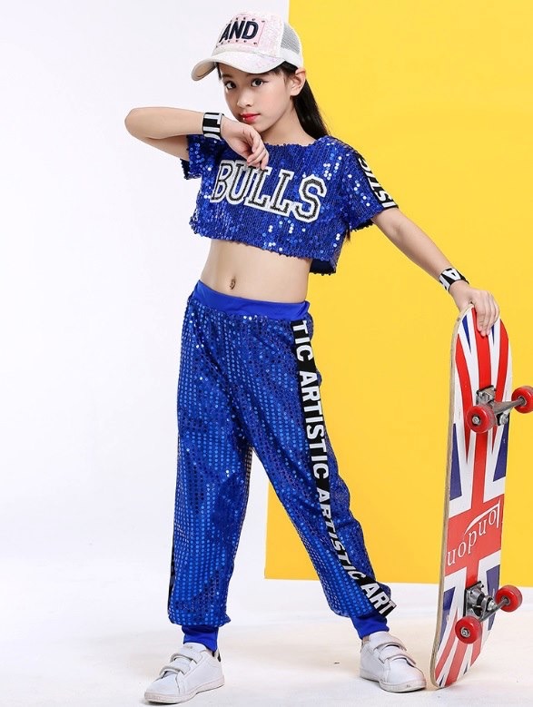 พร้อมส่ง ชุดเต้น ฮิปฮอปปักเลื่อมเสื้อแขนสั้น+ ขายาว