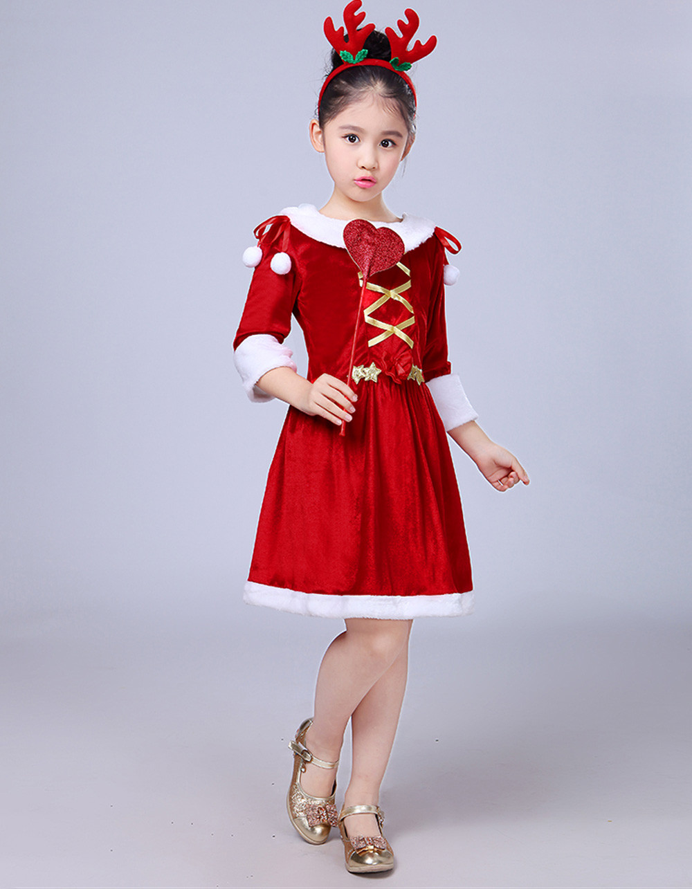 พร้อมส่ง ชุดคริสต์มาส เดรสแขนสี่ส่วน+ที่คาดผม+คฑา