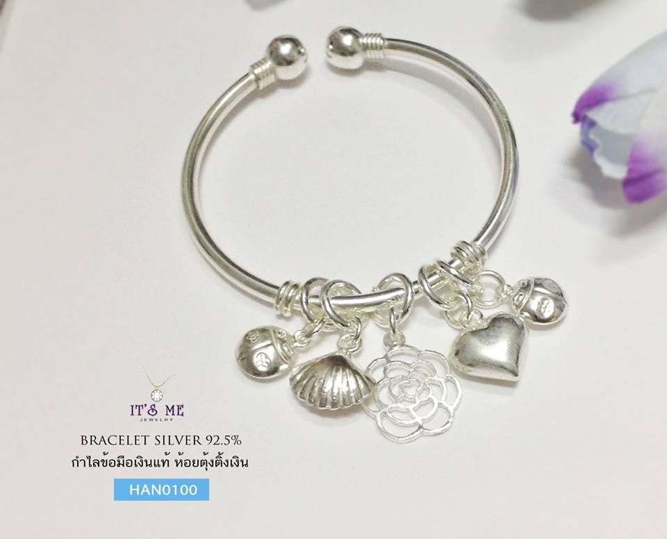 กำไลข้อมือเงินแท้ แบบเกลี้ยง ห้อยตุ้งติ้งเงิน (แบบโปร่งหนา ไม่ตัน) กำไลสามารถขยายได้