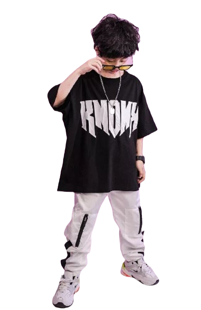 ชุดเต้น ชุดแดนซ์ เสื้อเอวลอยสีดำ+กางเกงขายาวสีขาว