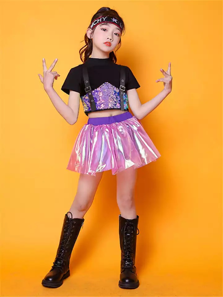 ชุดเต้น ฮิปฮอป เสื้อแขนสั้นสีดำ+กระโปรง วิ้ง