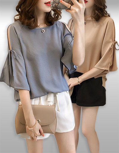 เสื้อแฟชั่นผ่าแขนทรงสวม ต่อสายไว้ผูกโบว์น่ารัก ใสเที่ยวเก๋ๆ รหัส 1957