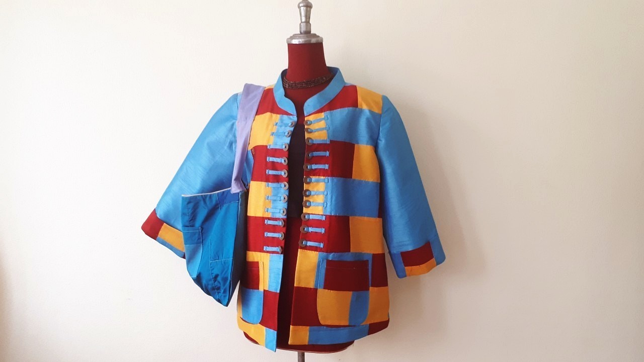 SIVA เสื้อคลุ้มผ้าไหมไทยตกแต่งวัสดุเหลือใช้ SIVA (ส่งฟรี) ดำ,น้ำตาล,ชมภู่,ฟ้า,แดงเลือดหมู M,L,XL,XXL