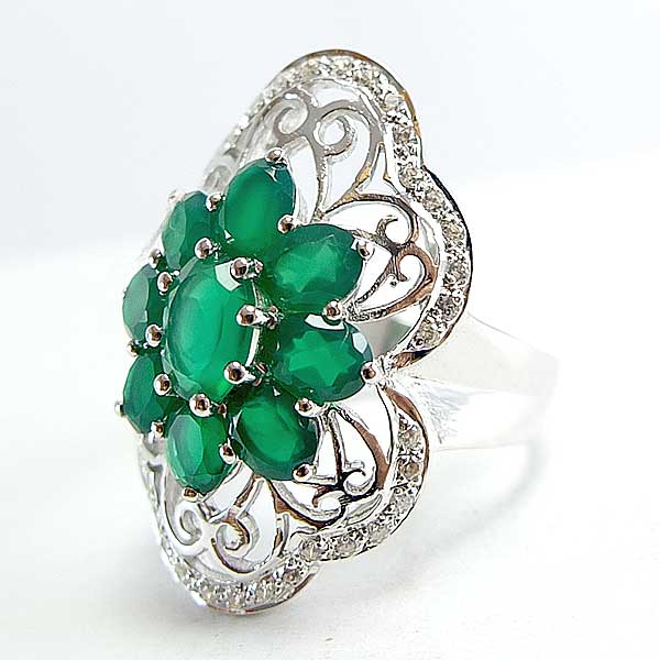 แหวนเงินแท้ราคาถูกชุบทองคำขาว พลอยแท้กรีนอะเกท 3.32 กะรัต เพชรCZ 0.38 กะรัต งานประณีตสวยงาม สั่งผลิตค่ะ