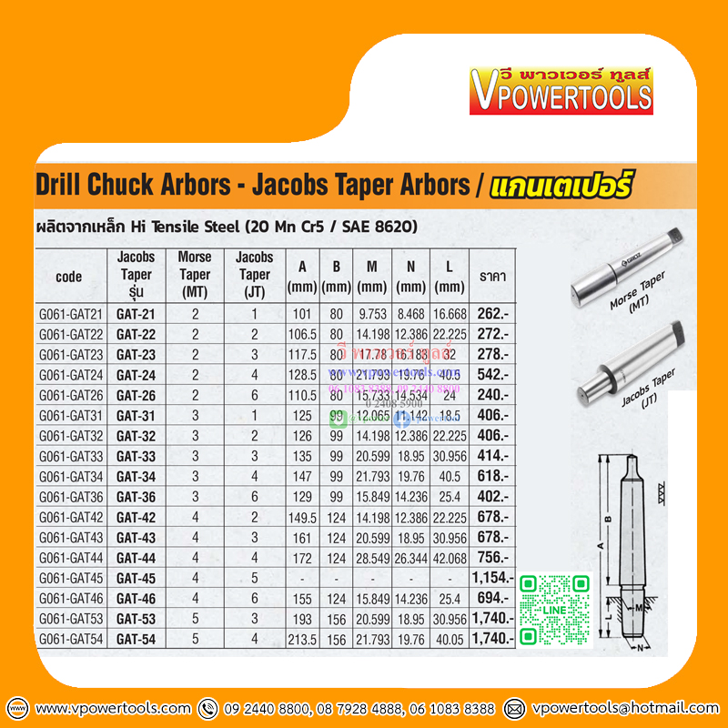 GROZ แกนเตเปอร์ Drill Chuck Arbors - Jacobs Taper Arbors
