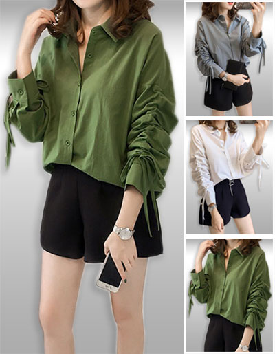 เสื้อแฟชั่นคอปกแต่งแขนสายรูดเก๋ๆ รหัส2008