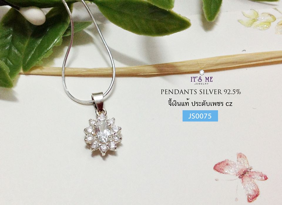 จี้เงินแท้92.5% ประดับพลอยสีขาวและเพชร cz รอบวง
