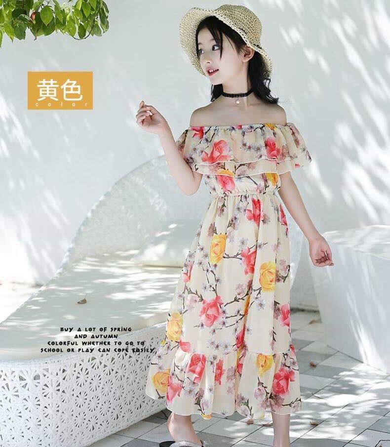 ชุดเด็ก : ชุดเดรส ลายดอก เปิดไหล่