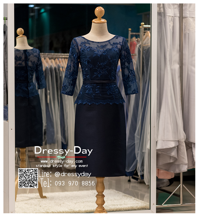 รหัส ชุดราตรีสั้น :PFS060 ชุดไปงานแต่งงานแขนยาวตกแต่งลูกไม้ ชุดราตรีสั้นผ้าไหมสีน้ำเงินสวยหรู ชุดเดรสออกงานสามารถใส่เป็นชุดไปงานแต่งงาน กาล่าดินเนอร์