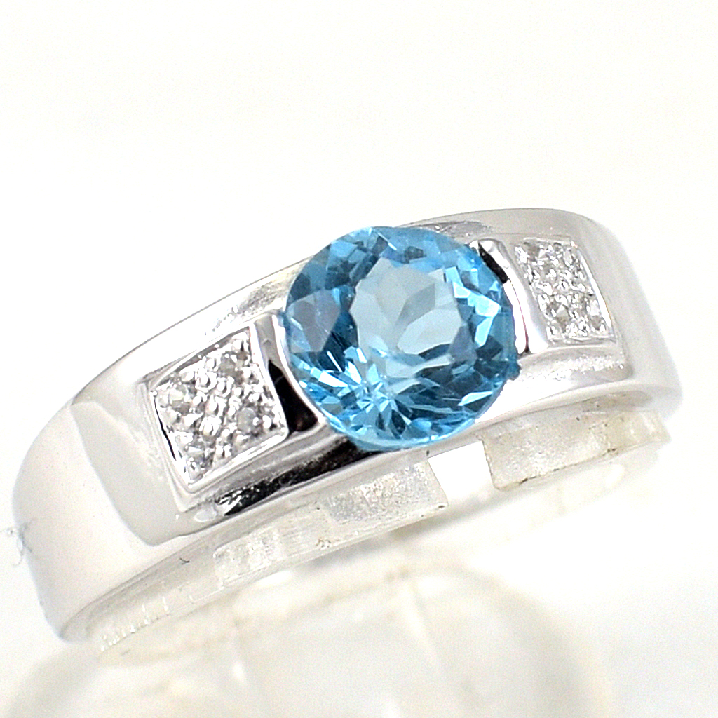 แหวนเงินแท้ราคาถูกชุบทองคำขาว สวิสบลูโทปาซแท้ 1.0 กะรัต เพชรCZ 0.056 กะรัต งานประณีตสวยงาม สั่งผลิตค่ะ