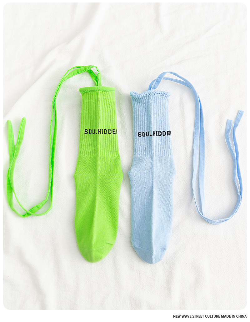 พร้อมส่ง ถุงเท้า เด็ก-ผู้ใหญ่ แบบยาว มีสายไขว้ ผูกข้อขา สีพื้น