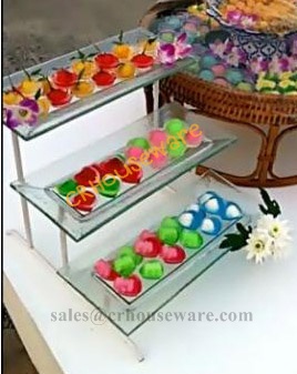 ชั้นโชว์อาหาร 3 ระดับพร้อมจานแก้ว The show food dish glass staircase. 005-HR-015SET