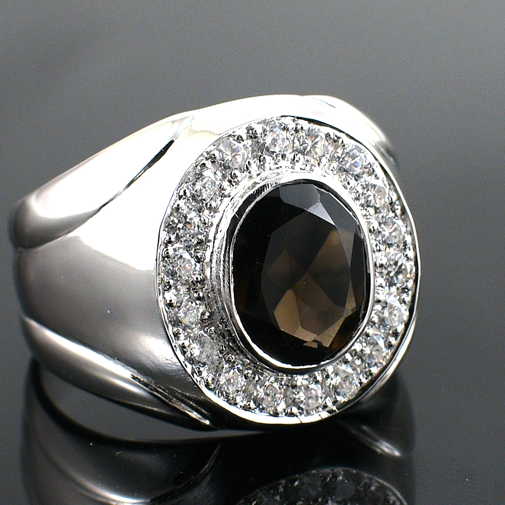แหวนเงินแท้ราคาถูกชุบทองคำขาว พลอยแท้สโมกกี้ควอทซ์ 2.65 กะรัต เพชรCZ 0.32 กะรัต งานประณีตสวยงาม สั่งผลิตค่ะ