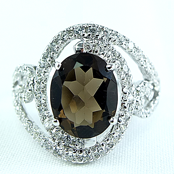 แหวนเงินแท้ราคาถูกชุบทองคำขาว พลอยแท้สโมกกี้ควอทซ์ 3.15 กะรัต เพชรCZ 0.74 กะรัต งานประณีตสวยงาม สั่งผลิตค่ะ