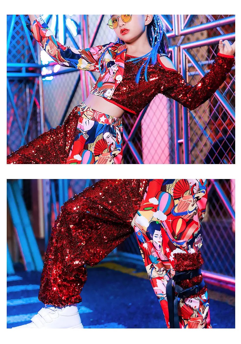 **พร้อมส่ง**ชุดเต้น ชุดฮิปฮอป เสื้อแขนยาว ปักเลื่อม พร้อมกางเกงขาขายาว