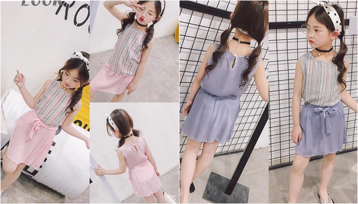 ชุดเสื้อ ลายทางสีชมพู-ฟ้า
