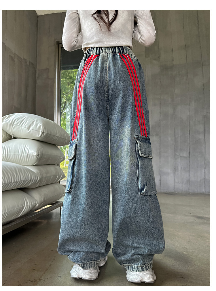 พร้อมส่ง กางเกงยีนส์เด็ก ยีนส์เด็กหญิง เกงคาร์โก้ ทรงขากระบอก แต่งลาย