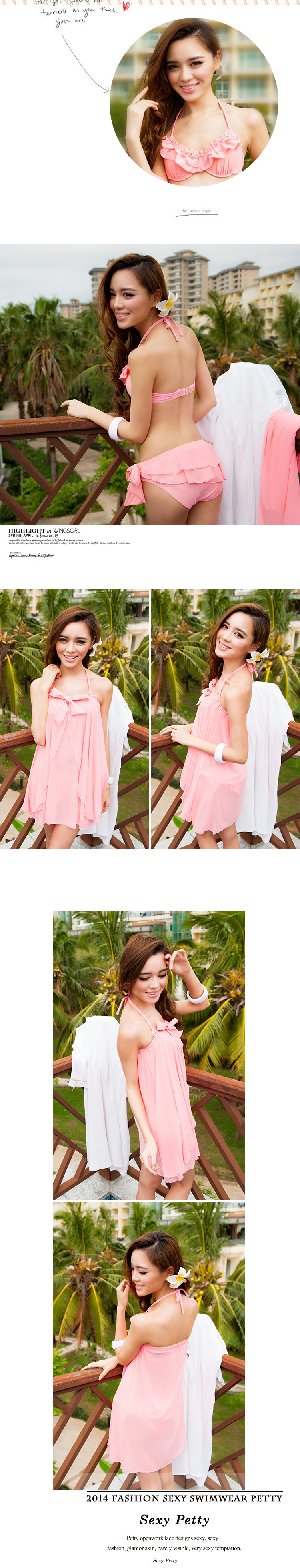 ชุดว่ายน้ำ สีชมพู เซต 3 ชิ้น รอบอก 34-38 นิ้ว สะโพก 36-39 นิ้วค่ะ ผ้าตัวนอกเป็นผ้าชีฟองค่ะ