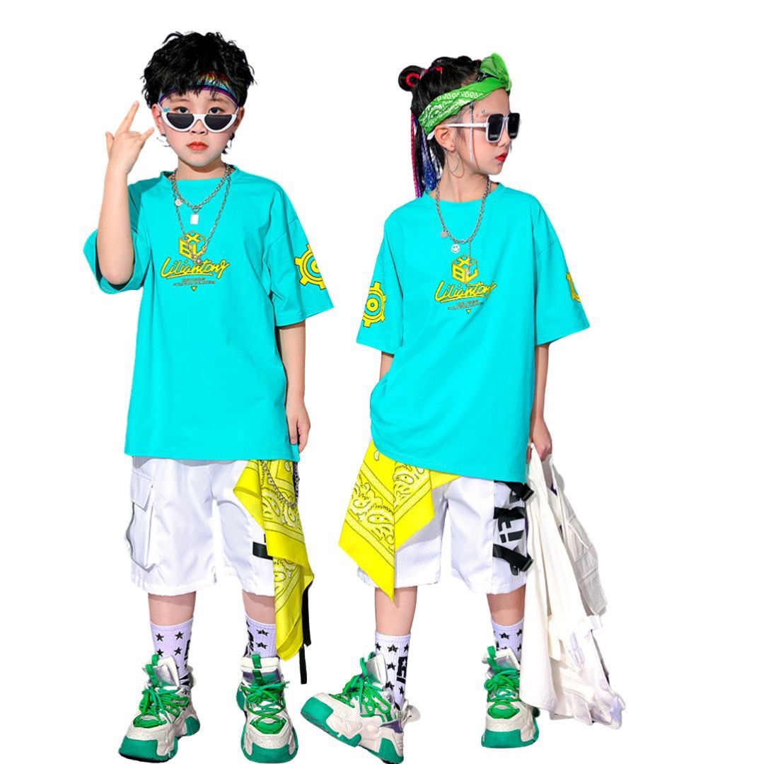 **พร้อมส่ง**ชุดเต้น ชุดแดนซ์ เสื้อสีฟ้า+กางเกงลายหมากรุก