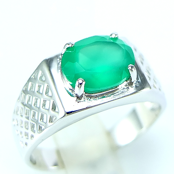 แหวนเงินแท้ราคาถูกชุบทองคำขาว พลอยแท้กรีนอะเกท 2.25 กะรัต งานประณีตสวยงาม สั่งผลิตค่ะ