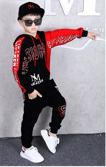 ชุดเต้น ชุดแดนซ์ ชุดฮิปฮอป ชาย แขนยาวสีแดง-ดำ อักษรคาดอก