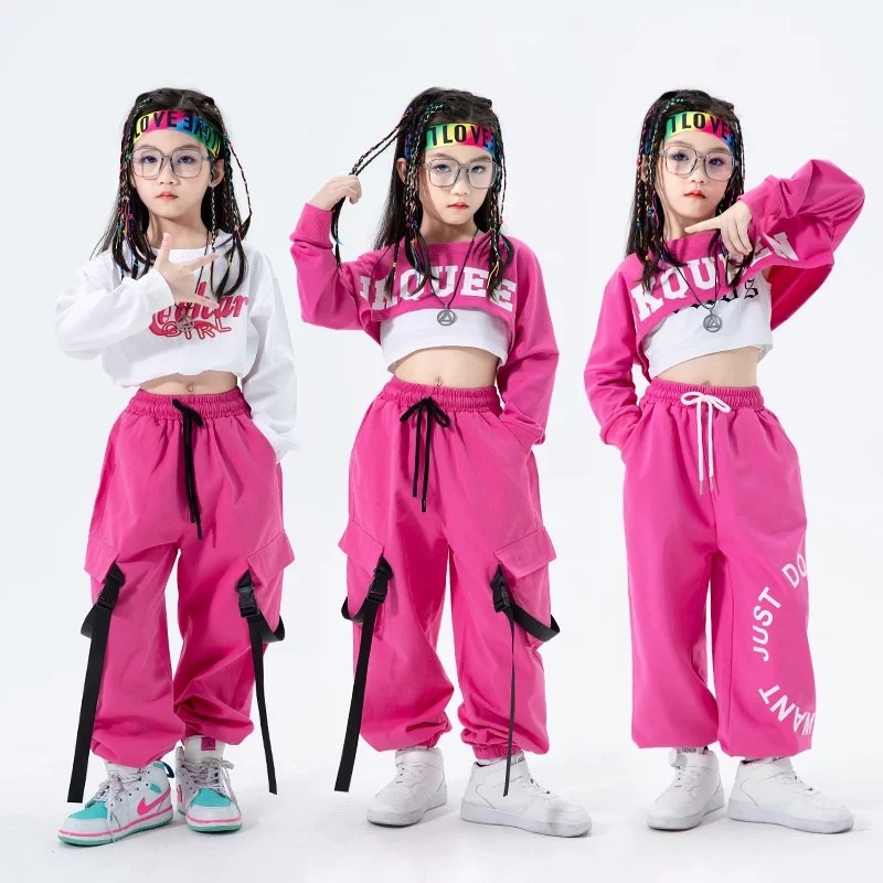 พร้อมส่ง ชุดเต้น ชุดฮิปฮอป เสื้อครอป สีชมพู หวาน