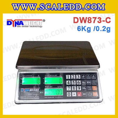 เครื่องชั่งดิจิตอลนับชิ้นงาน 6Kg x 0.2g เครื่องชั่งดิจิตอลนับชิ้นงาน 6kg เครื่องชั่งตั้งโต๊ะนับชิ้นงาน พิกัดน้ำหนัก 6kg ค่าละเอียด 0.2g ยี่ห้อ Dynaweight รุ่น DW873-C