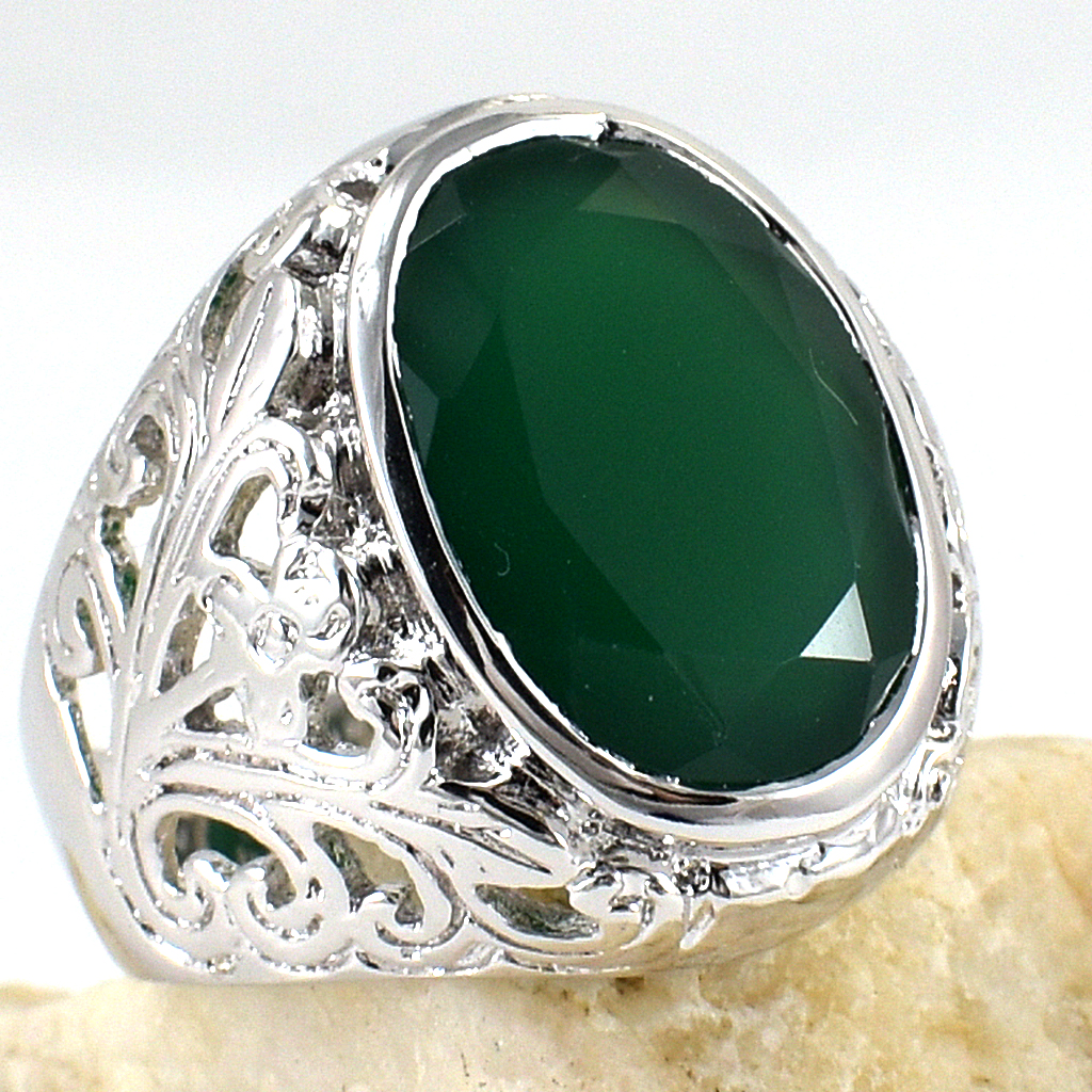 แหวนเงินแท้ราคาถูกชุบทองคำขาว พลอยแท้กรีนอะเกท 13.25 กะรัต งานประณีตสวยงาม สั่งผลิตค่ะ