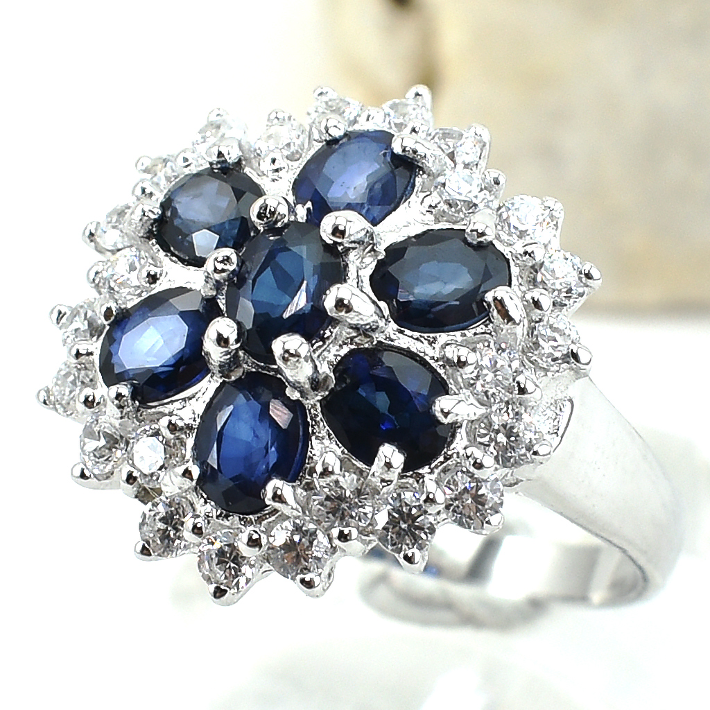 แหวนเงินแท้ราคาถูกชุบทองคำขาว ไพลินแท้ 1.75 กะรัต เพชรCZ 0.75 กะรัต งานประณีตสวยงาม สั่งผลิตค่ะ