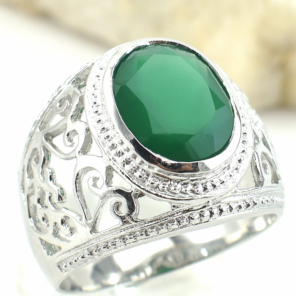 แหวนเงินแท้ราคาถูกชุบทองคำขาว พลอยแท้กรีนอะเกท 4.25 กะรัต งานประณีตสวยงาม สั่งผลิตค่ะ