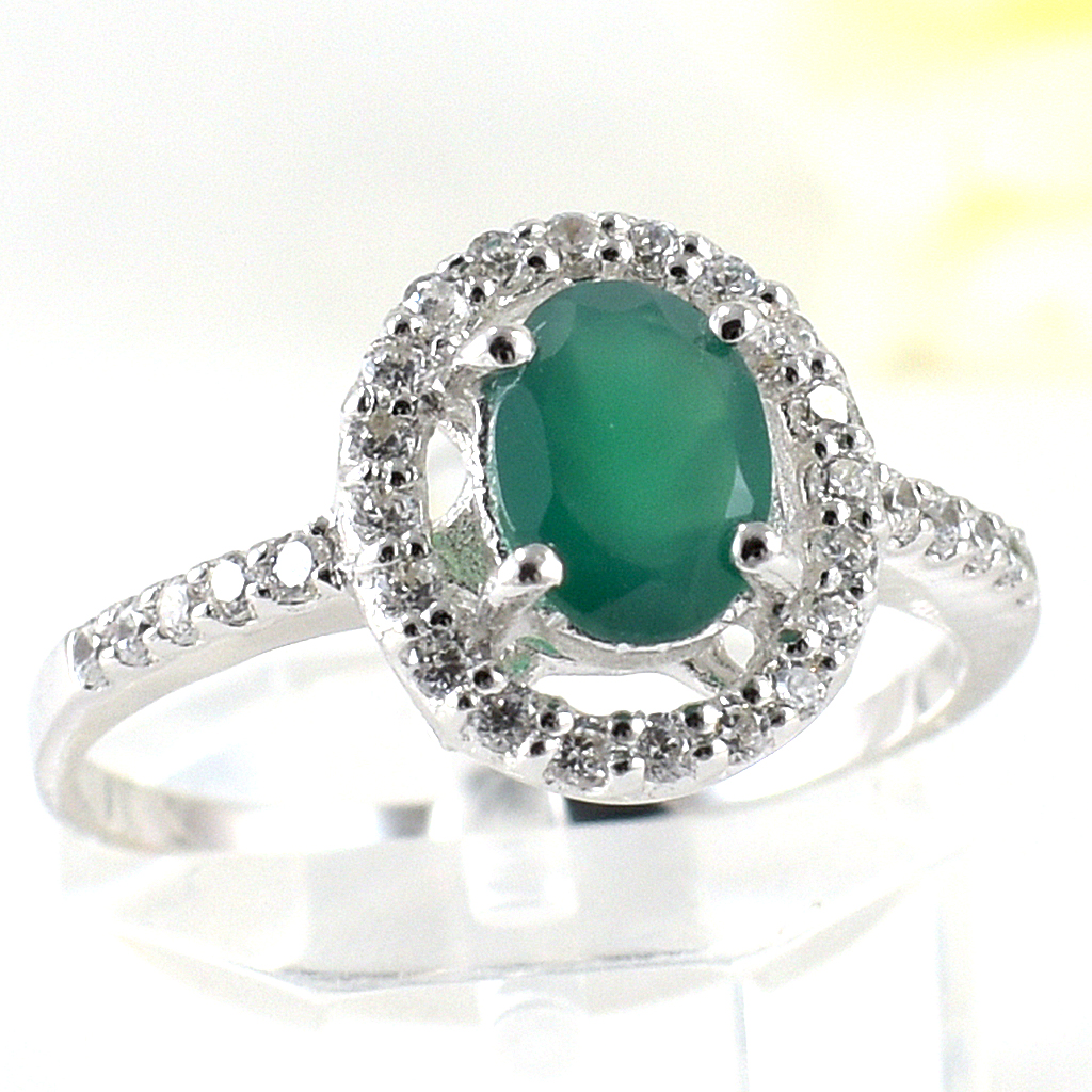 แหวนเงินแท้ราคาถูกชุบทองคำขาว พลอยแท้กรีนอะเกท 0.72 กะรัต เพชรCZ 0.30 กะรัต งานประณีตสวยงาม สั่งผลิตค่ะ