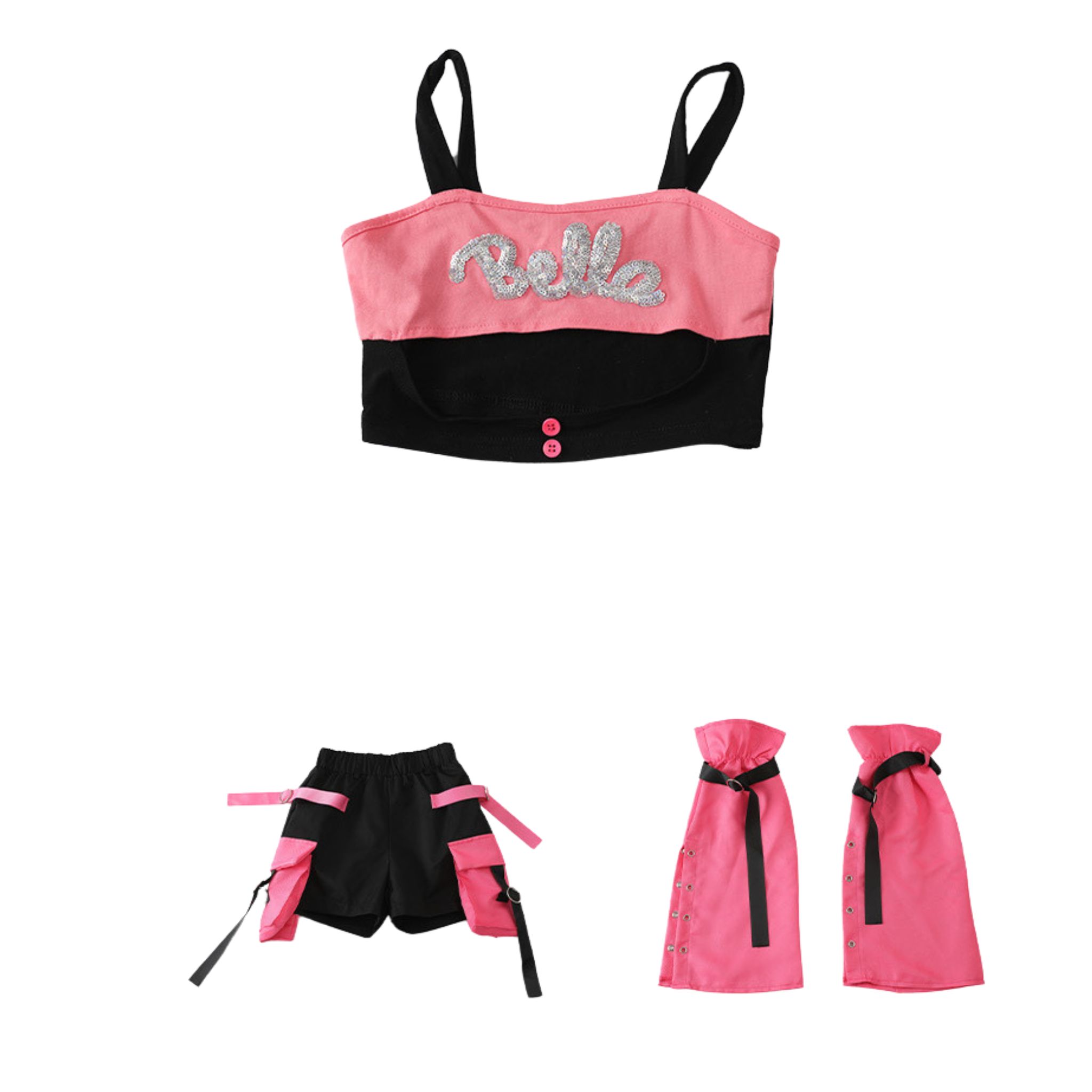 พร้อมส่งในไทย** ชุดเต้น Cover dance เรียนเต้น เซ็ต 3 ชิ้น เซ็ต โทนสีชมพูอ่อน ฟรุ้งฟริ้ง