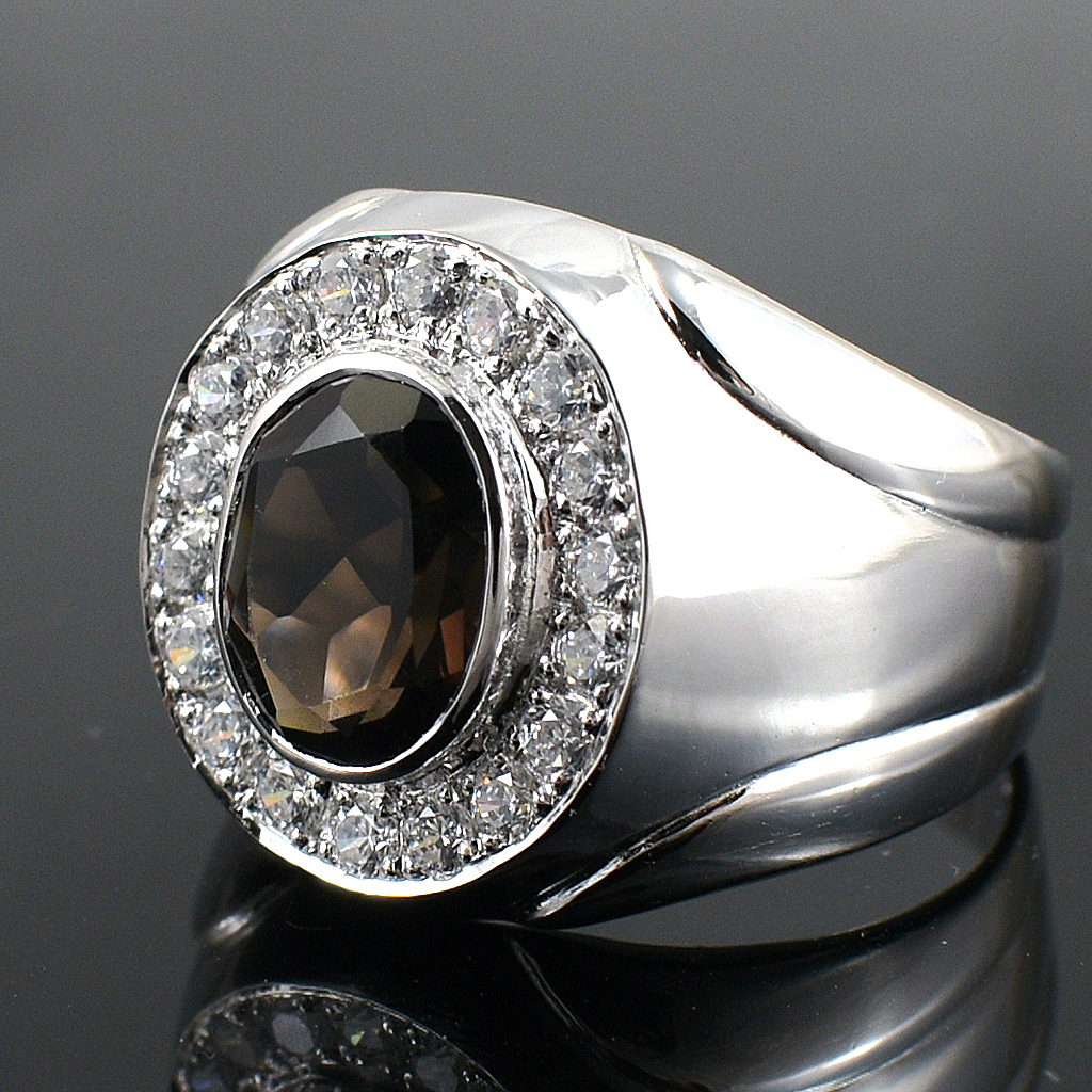 แหวนเงินแท้ราคาถูกชุบทองคำขาว พลอยแท้สโมกกี้ควอทซ์ 2.65 กะรัต เพชรCZ 0.32 กะรัต งานประณีตสวยงาม สั่งผลิตค่ะ