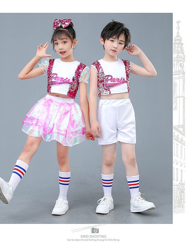 พร้อมส่ง ชุดเต้น ชุดฮิปฮอป เสื้อสีชมพู กระโปรงผ้าแก้วชมพูวิ้ง