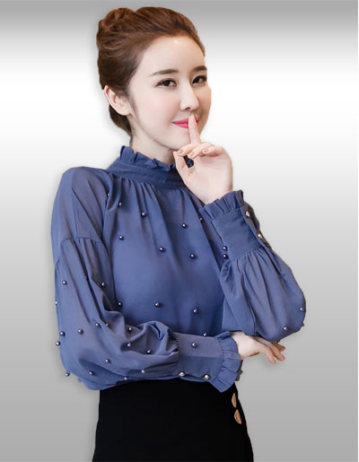 เสื้อแฟชั่นคอจีบแขนยาวแต่งลูกปัดสวยหรู รหัส2026