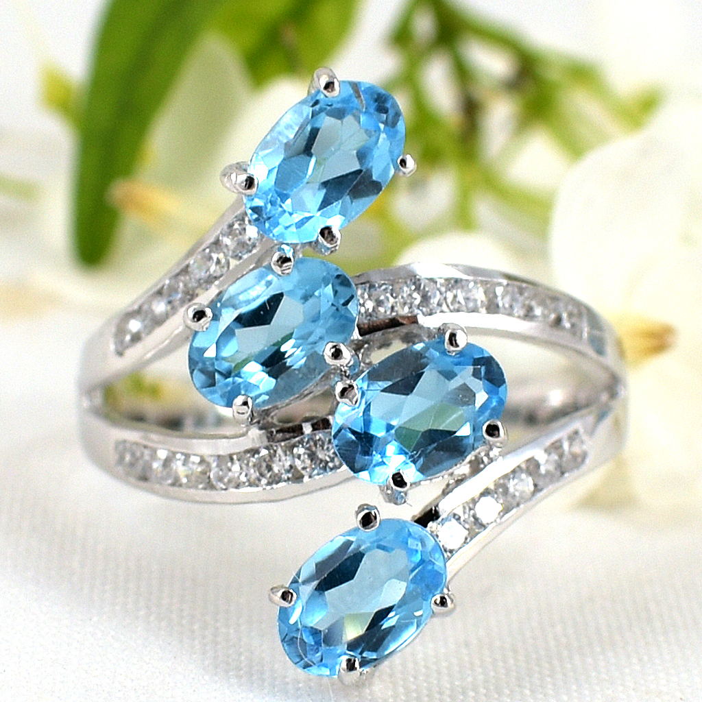 แหวนเงินแท้ราคาถูกชุบทองคำขาว สวิสบลูโทปาซแท้ 2.20 กะรัต เพชรCZ 0.33 กะรัต งานประณีตสวยงาม สั่งผลิตค่ะ