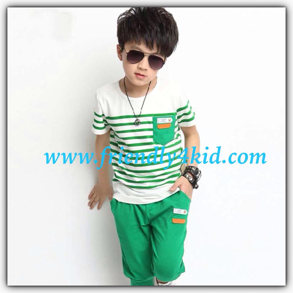 ชุดเด็ก : ชุดเซ็ตดสื้อลายขวาง สีเขียว+กางเกงสามส่วน