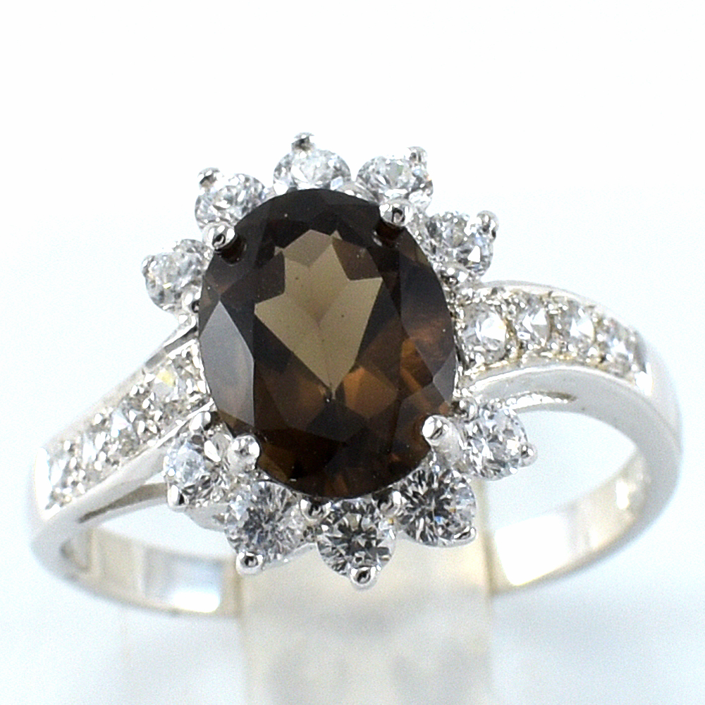 แหวนเงินแท้ราคาถูกชุบทองคำขาว พลอยแท้สโมกกี้ควอทซ์ 2.25 กะรัต งานประณีตสวยงาม สั่งผลิตค่ะ