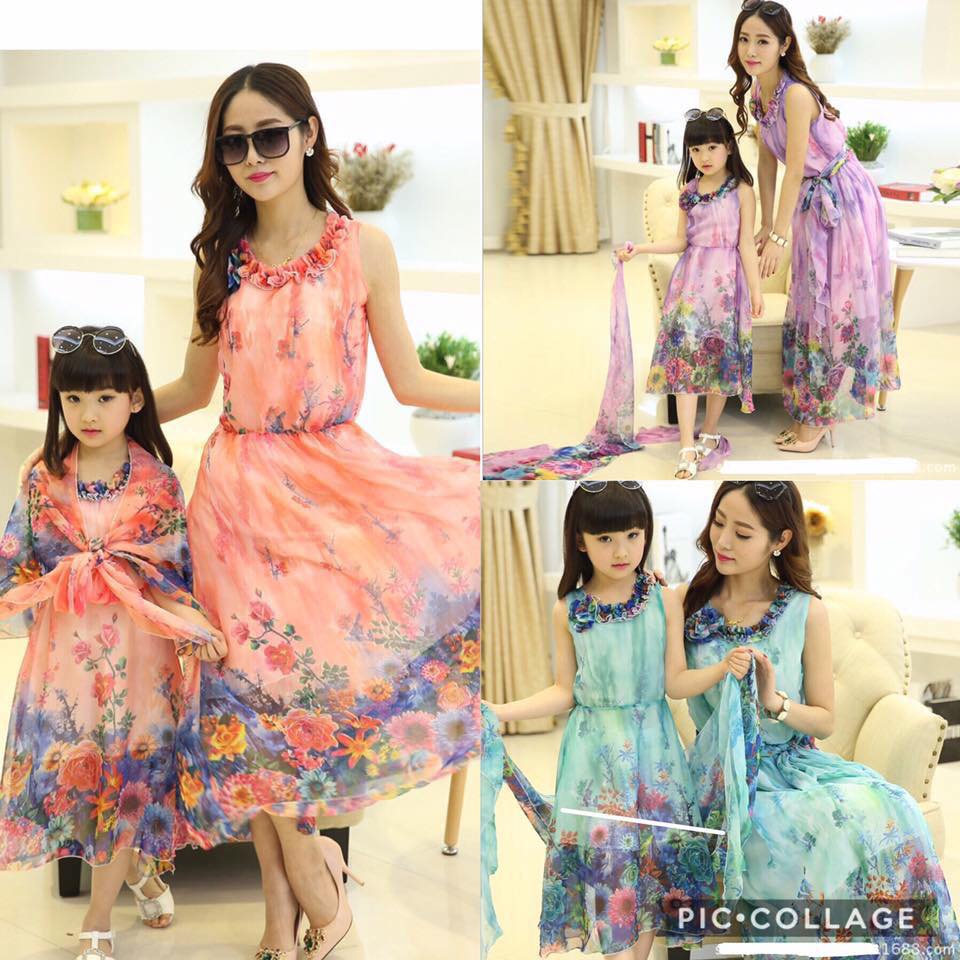 ชุดเดรส ลายดอก ทรงยาว สำหรับเด็กและผู้หใญ่