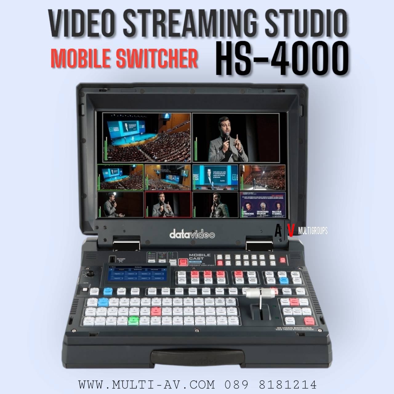 Mobile Switcher 4K 8-CHANNEL PORTABLE VIDEO STREAMING STUDIO รุ่น HS-4000 สลับภาพ, บันทึก, สตรีม ในเครื่องเดียว ออกแบบมาให้เคลื่อนย้ายไปใช้งานได้สะดวกทุกที่