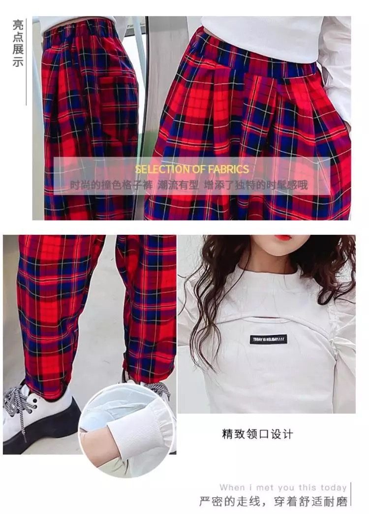 ชุดเต้น แดนซ์เสื้อแขนยาวสีขาว+กางเกงลายสก๊อต สีแดง