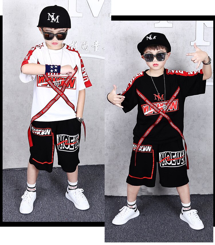 ชุดเต้น ฮิปฮอป เสื้อแขนสั้นขาวแดง+กางเกงดำ