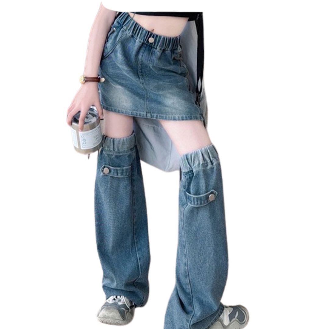 friendly4kid พร้อมส่ง เสื้อกล้ามสีดำ+กระโปรงยีนส์พร้อมปลอกขา สียีนส์เข้ม