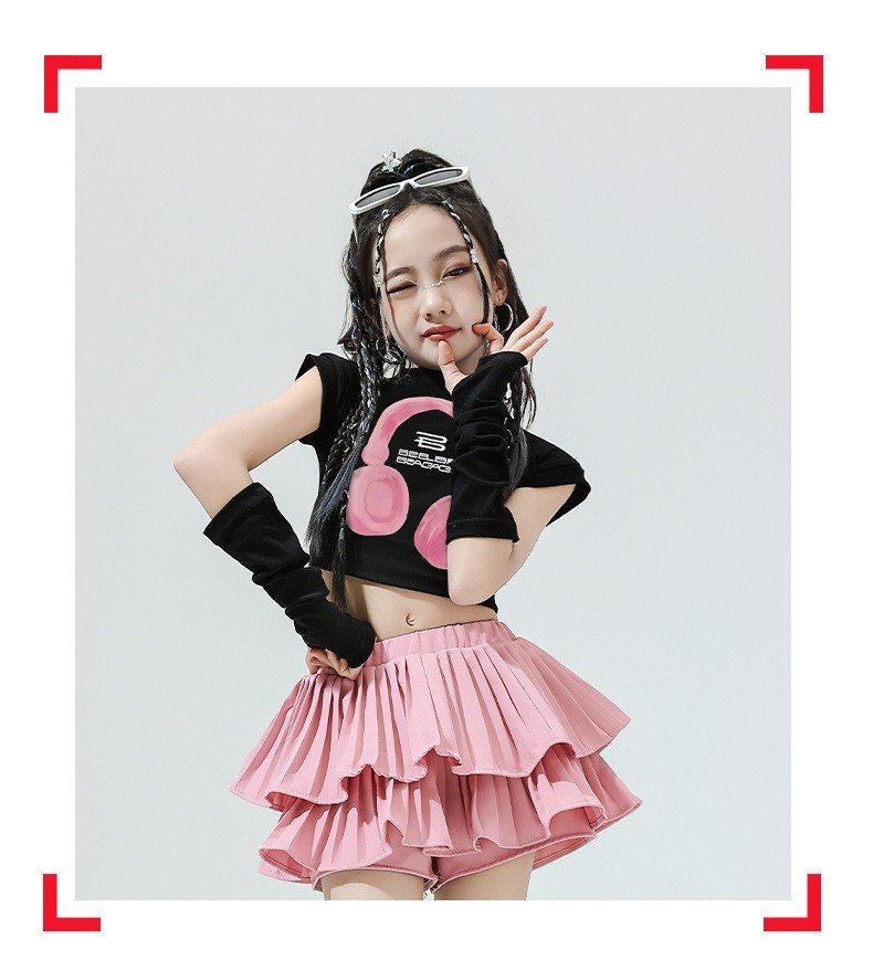 พร้อมส่ง ชุดเต้นเด็ก เสื้อหูฟัง พร้อมปลอกแขน /กระโปรงอัดพลีท