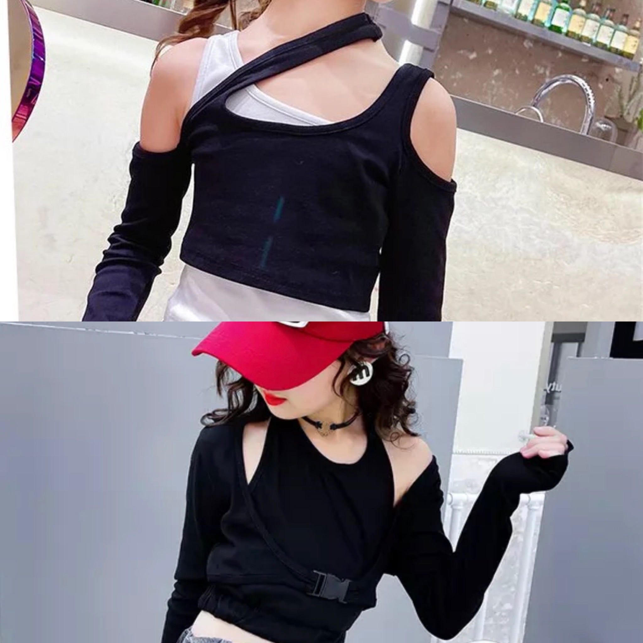 **เฉพาะเสื้อ**ชุดเต้น ฮิปฮอป เสื้อแขนยาว แขนคอไขว้ สีดำสลับดำ